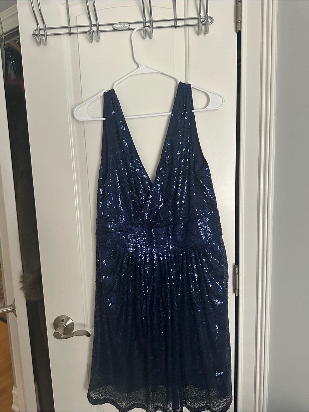 Sequin V-Neck Mini Dress in Navy